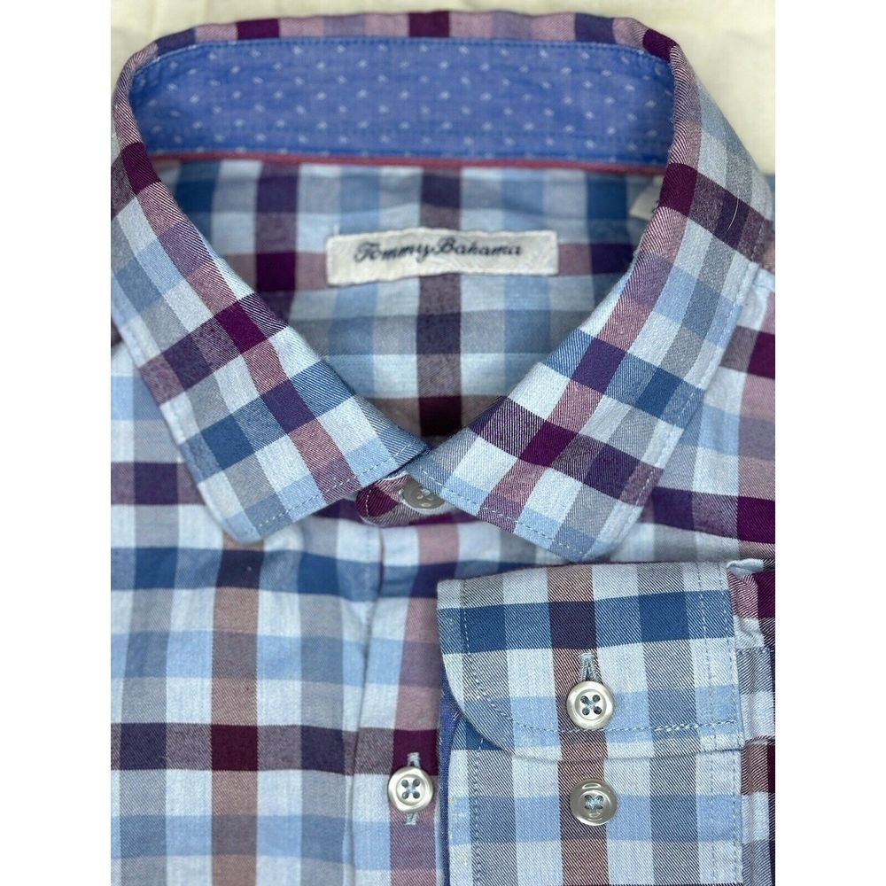 Tommy Bahama Men Medium Purple & Blue‎ Long Sleeve Button Up Shirt Stretch Plaid